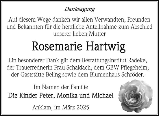 Traueranzeige von Rosemarie Hartwig von Nordkurier Vorpommern Kurier