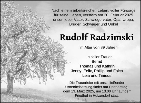 Traueranzeige von Rudolf Radzimski von Nordkurier Strelitzer Zeitung