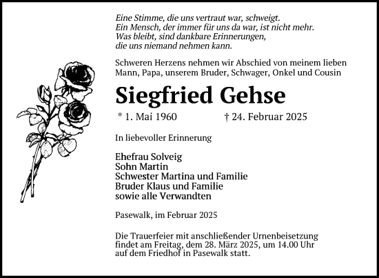 Traueranzeige von Siegfried Gehse von Nordkurier Pasewalker Zeitung