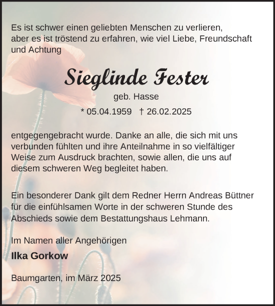 Traueranzeige von Sieglinde Fester von Uckermark Kurier Prenzlauer Zeitung