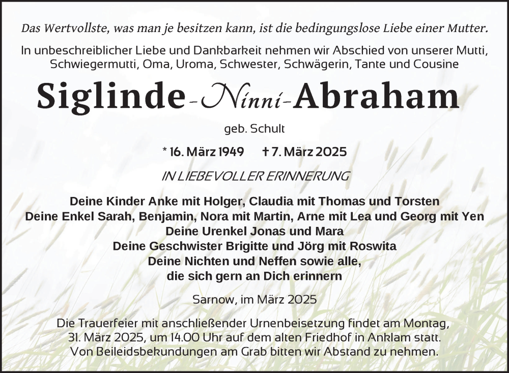  Traueranzeige für Siglinde Abraham vom 15.03.2025 aus Nordkurier Vorpommern Kurier