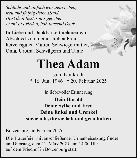 Traueranzeige von Thea Adam von Hagenower Kreisblatt