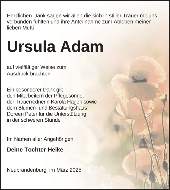Traueranzeige von Ursula Adam von Nordkurier Neubrandenburger Zeitung