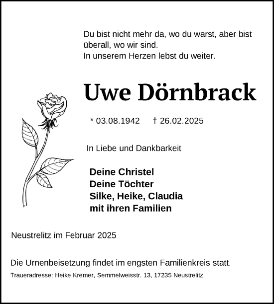 Traueranzeige von Uwe Dörnbrack von Nordkurier Strelitzer Zeitung