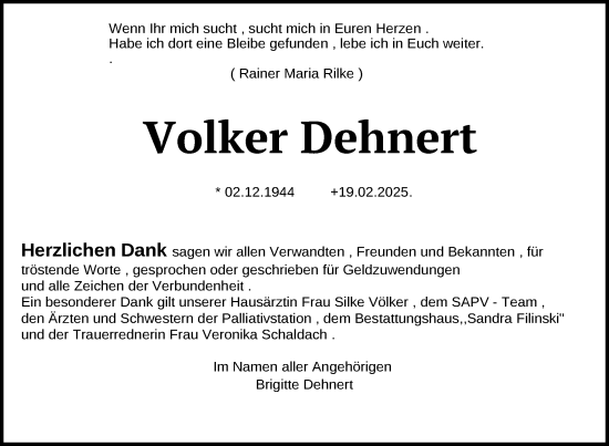 Traueranzeige von Volker Dehnert von Nordkurier Neubrandenburger Zeitung
