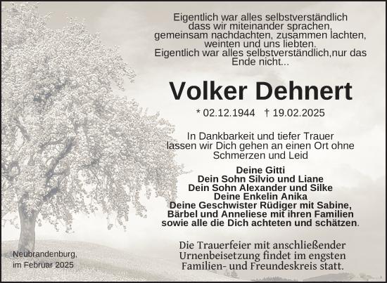 Traueranzeige von Volker Dehnert von Nordkurier Neubrandenburger Zeitung