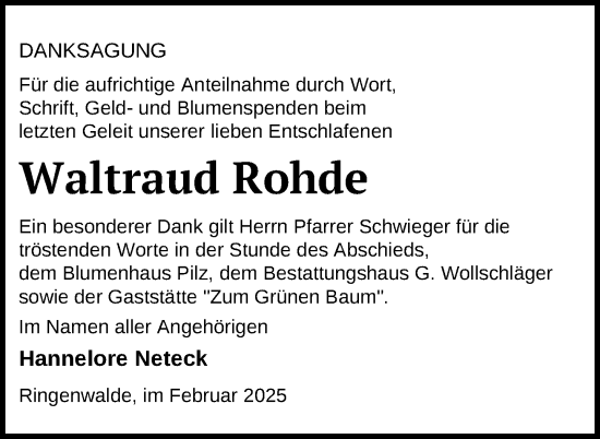 Traueranzeige von Waltraud Rohde von Uckermark Kurier Templiner Zeitung