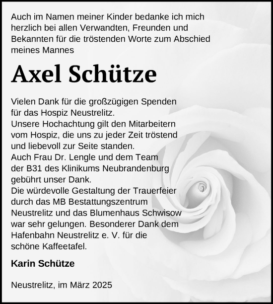 Traueranzeige von Axel Schütze von Nordkurier Neubrandenburger Zeitung