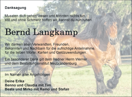 Traueranzeige von Bernd Langkamp von Nordkurier Neubrandenburger Zeitung