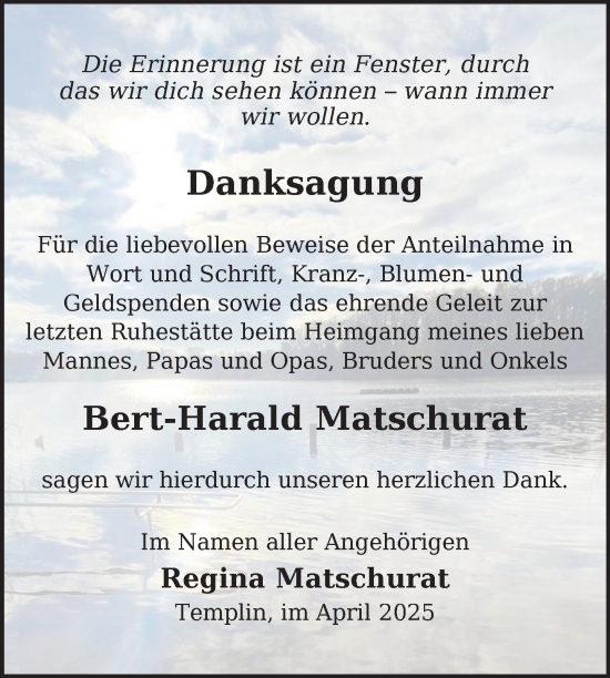 Traueranzeige von Bert-Harald Matschurat von Uckermark Kurier Templiner Zeitung