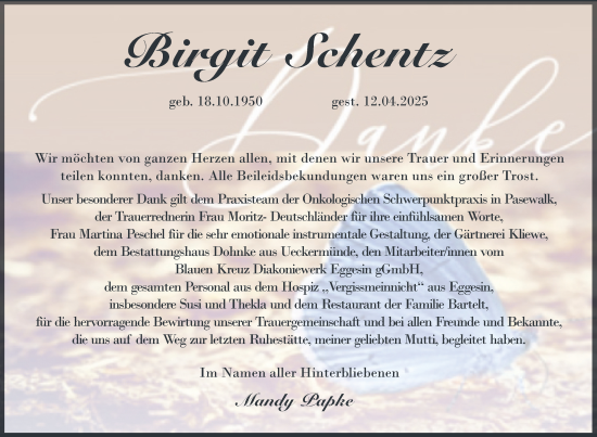 Traueranzeige von Birgit Schentz von Nordkurier Pasewalker Zeitung