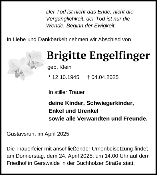 Traueranzeige von Brigitte Engelfinger von Uckermark Kurier Templiner Zeitung