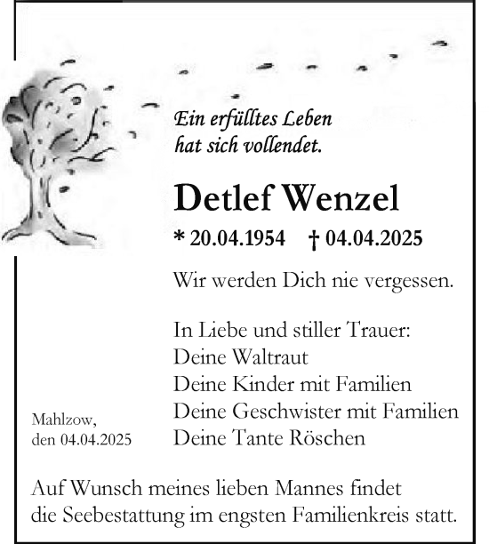 Traueranzeige von Detlef Wenzel von Nordkurier Neubrandenburger Zeitung