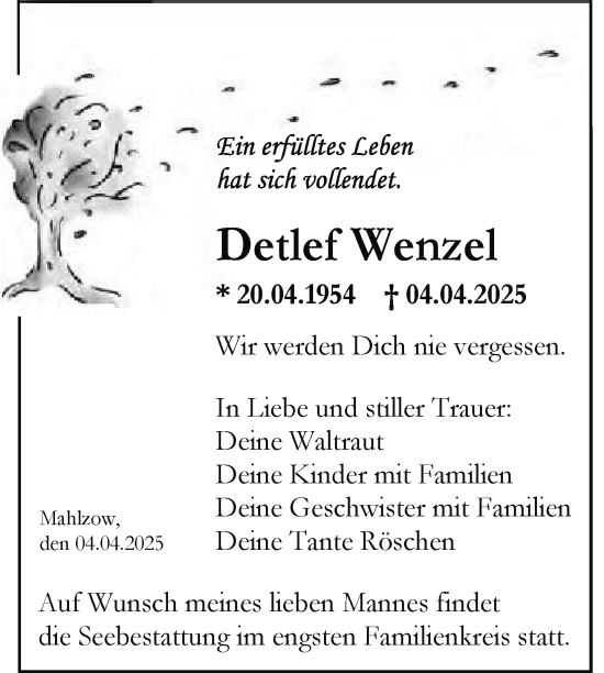 Traueranzeige von Detlef Wenzel von Nordkurier Vorpommern Kurier