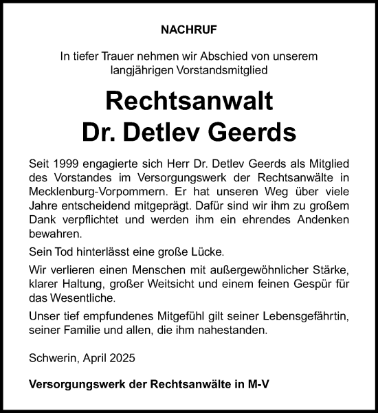 Traueranzeige von Detlev Geerds von Norddeutsche Neueste Nachrichten