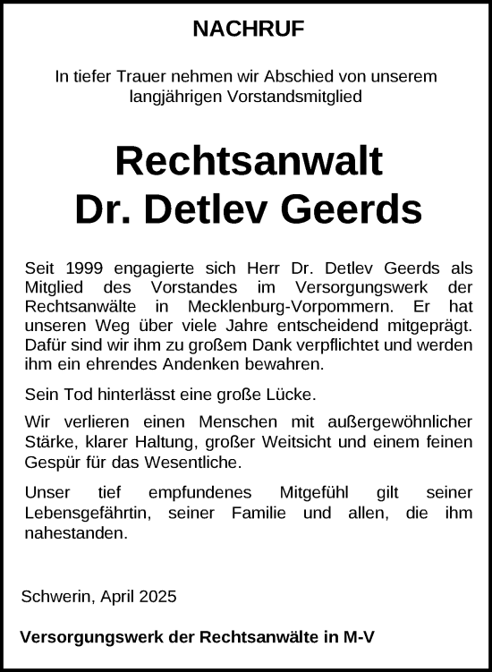 Traueranzeige von Detlev Geerds von Nordkurier Neubrandenburger Zeitung