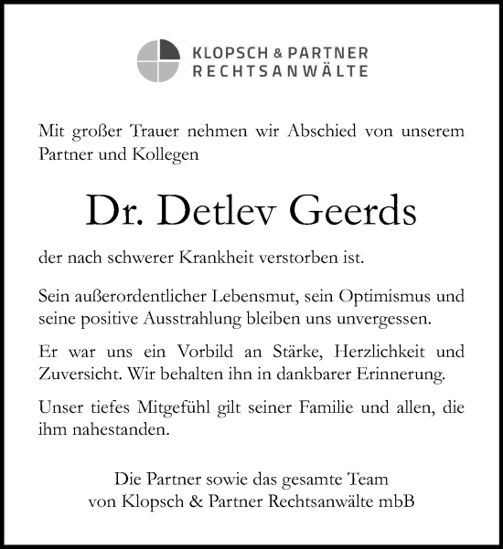 Traueranzeige von Detlev Geerds von Norddeutsche Neueste Nachrichten