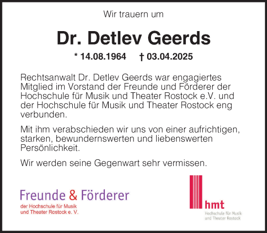 Traueranzeige von Detlev Geerds von Norddeutsche Neueste Nachrichten