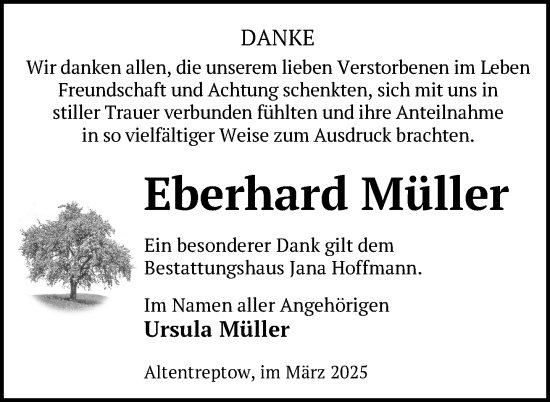 Traueranzeige von Eberhard Müller von Nordkurier Neubrandenburger Zeitung