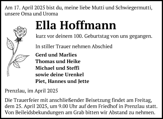 Traueranzeige von Ella Hoffmann von Uckermark Kurier Prenzlauer Zeitung