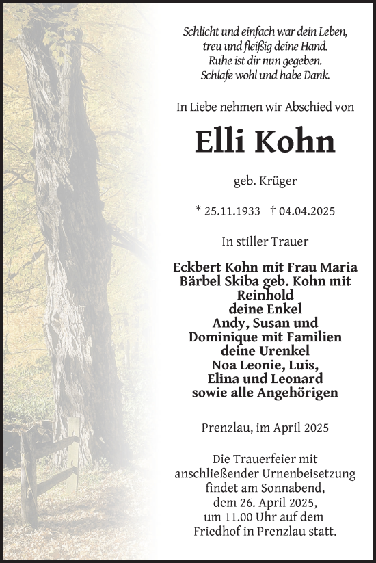Traueranzeige von Elli Kohn von Uckermark Kurier Prenzlauer Zeitung