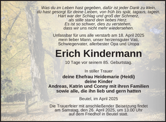 Traueranzeige von Erich Kindermann von Uckermark Kurier Templiner Zeitung