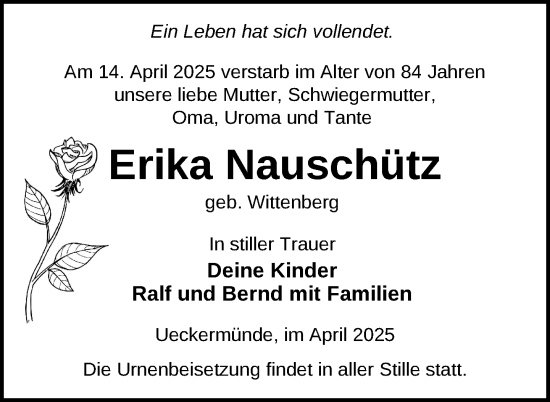 Traueranzeige von Erika Nauschütz von Nordkurier Haff-Zeitung