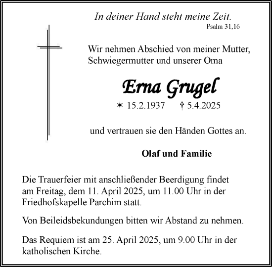 Traueranzeige von Erna Grugel von Parchim und Lübz