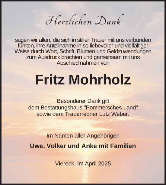 Traueranzeige von Fritz Mohrholz von Nordkurier Pasewalker Zeitung