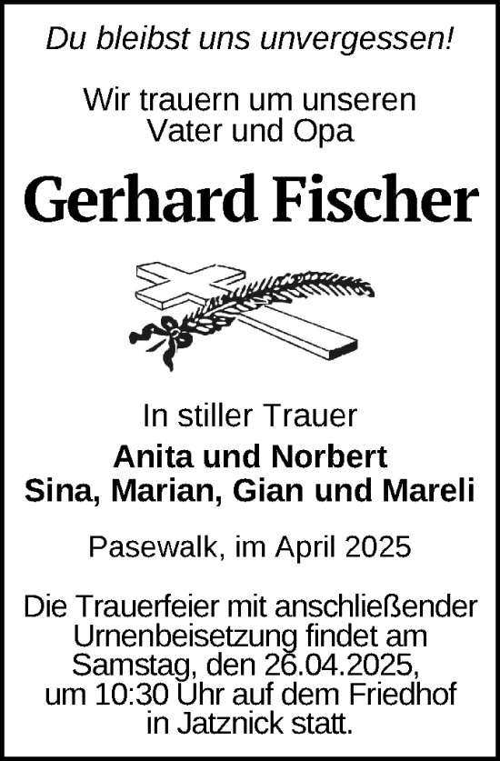 Traueranzeige von Gerhard Fischer von Nordkurier Pasewalker Zeitung
