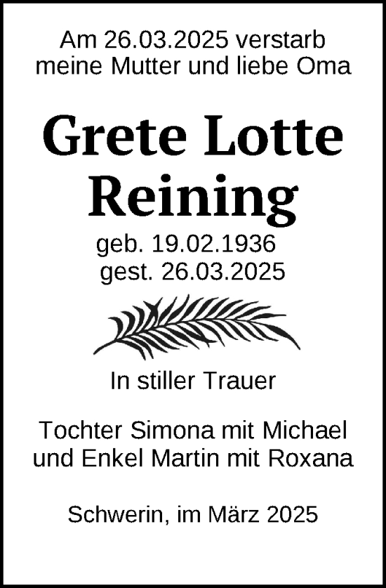 Traueranzeige von Grete Lotte Reining von Zeitung für die Landeshauptstadt