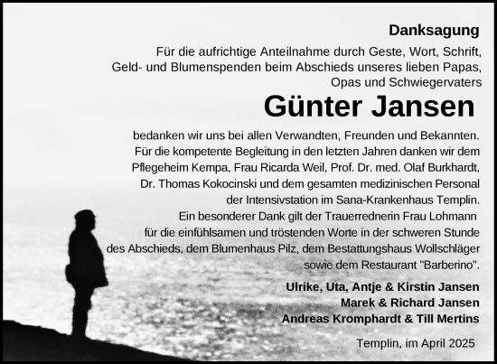 Traueranzeige von Günter Jansen von Uckermark Kurier Templiner Zeitung