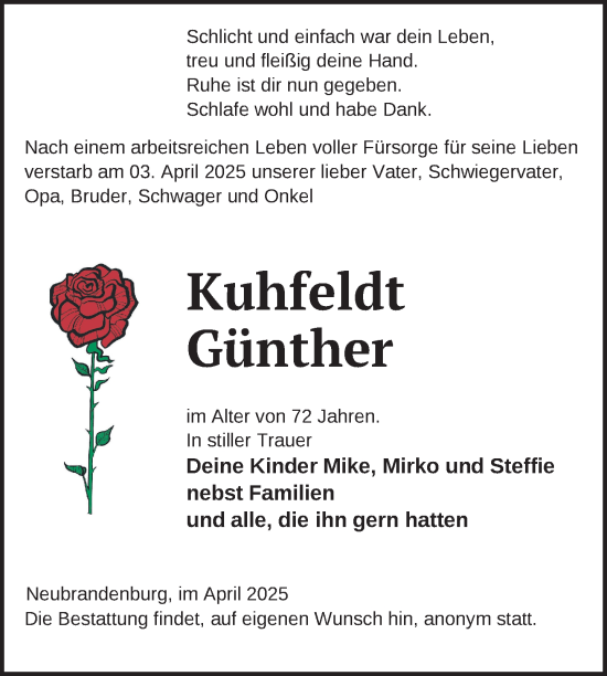 Traueranzeige von Günther Kuhfeldt von Nordkurier Neubrandenburger Zeitung