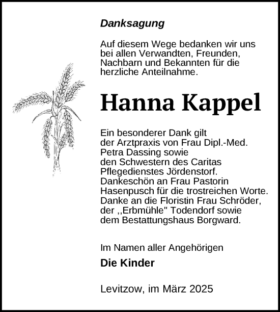 Traueranzeige von Hanna Kappel von Nordkurier Mecklenburger Schweiz