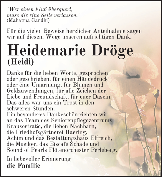 Traueranzeige von Heidemarie Dröge von Der Prignitzer, Prignitz Express