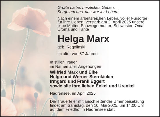 Traueranzeige von Helga Marx von Nordkurier Pasewalker Zeitung