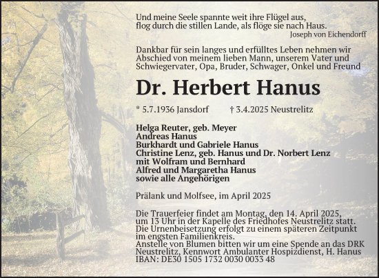 Traueranzeige von Herbert Hanus von Nordkurier Strelitzer Zeitung