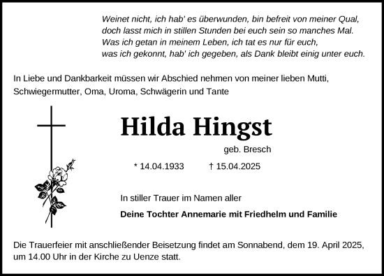 Traueranzeige von Hilda Hingst von Der Prignitzer