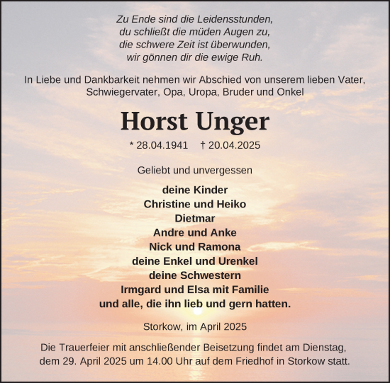 Traueranzeige von Horst Unger von Uckermark Kurier Templiner Zeitung