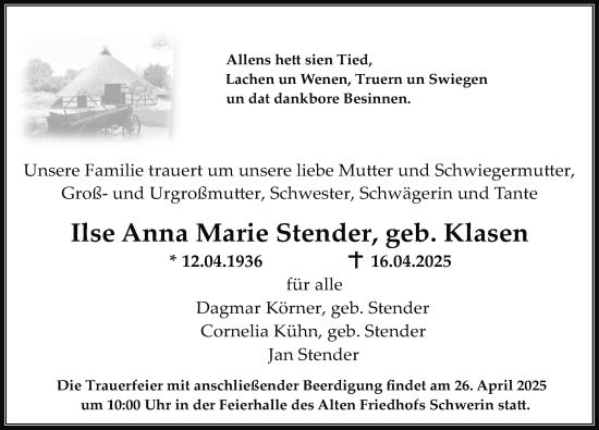 Traueranzeige von Ilse Anna Marie Stender von Zeitung für die Landeshauptstadt