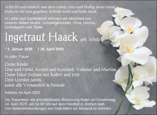 Traueranzeige von Ingetraut Haack von Nordkurier Vorpommern Kurier