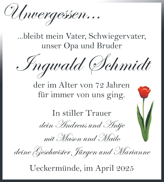 Traueranzeige von Ingwald Schmidt von Nordkurier Haff-Zeitung