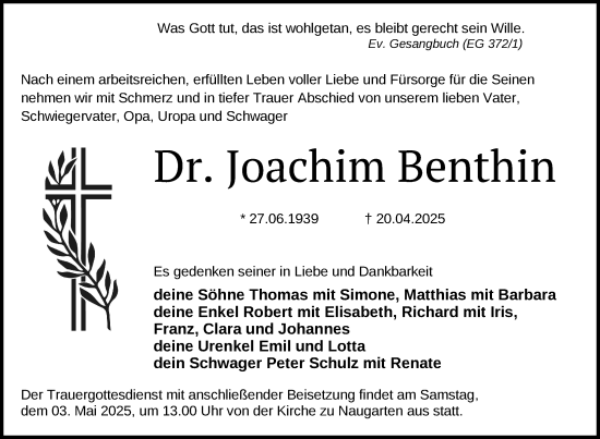 Traueranzeige von Joachim Benthin von Uckermark Kurier Prenzlauer Zeitung