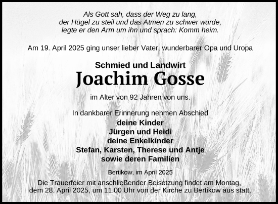 Traueranzeige von Joachim Gosse von Uckermark Kurier Prenzlauer Zeitung