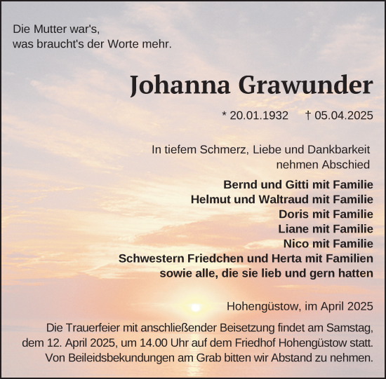 Traueranzeige von Johanna Grawunder von Uckermark Kurier Prenzlauer Zeitung