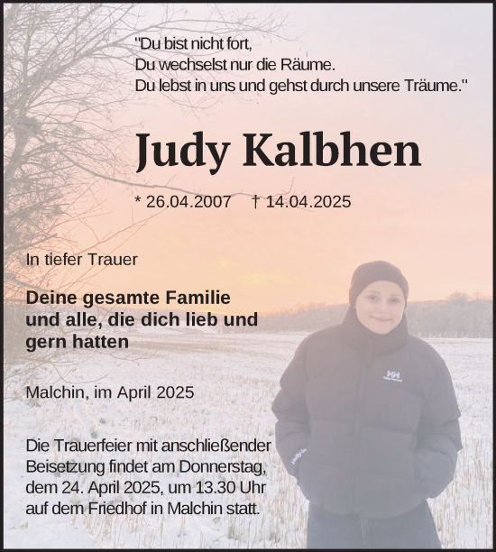 Traueranzeige von Judy Kalbhen von Nordkurier Mecklenburger Schweiz