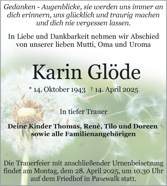Traueranzeige von Karin Glöde von Nordkurier Pasewalker Zeitung