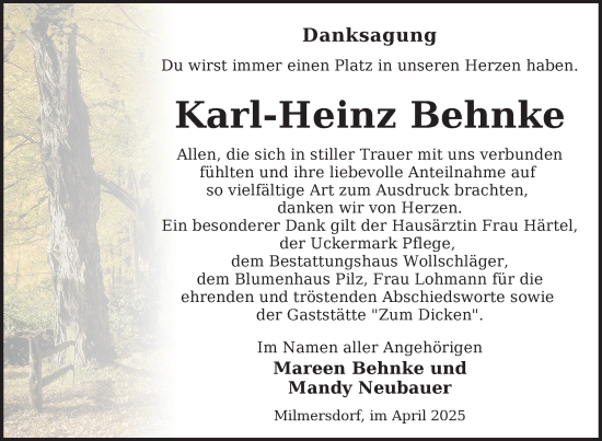 Traueranzeige von Karl-Heinz Behnke von Uckermark Kurier Templiner Zeitung