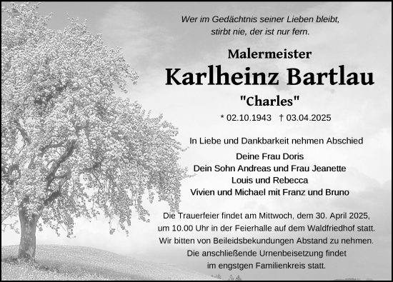 Traueranzeige von Karlheinz Bartlau von Zeitung für die Landeshauptstadt