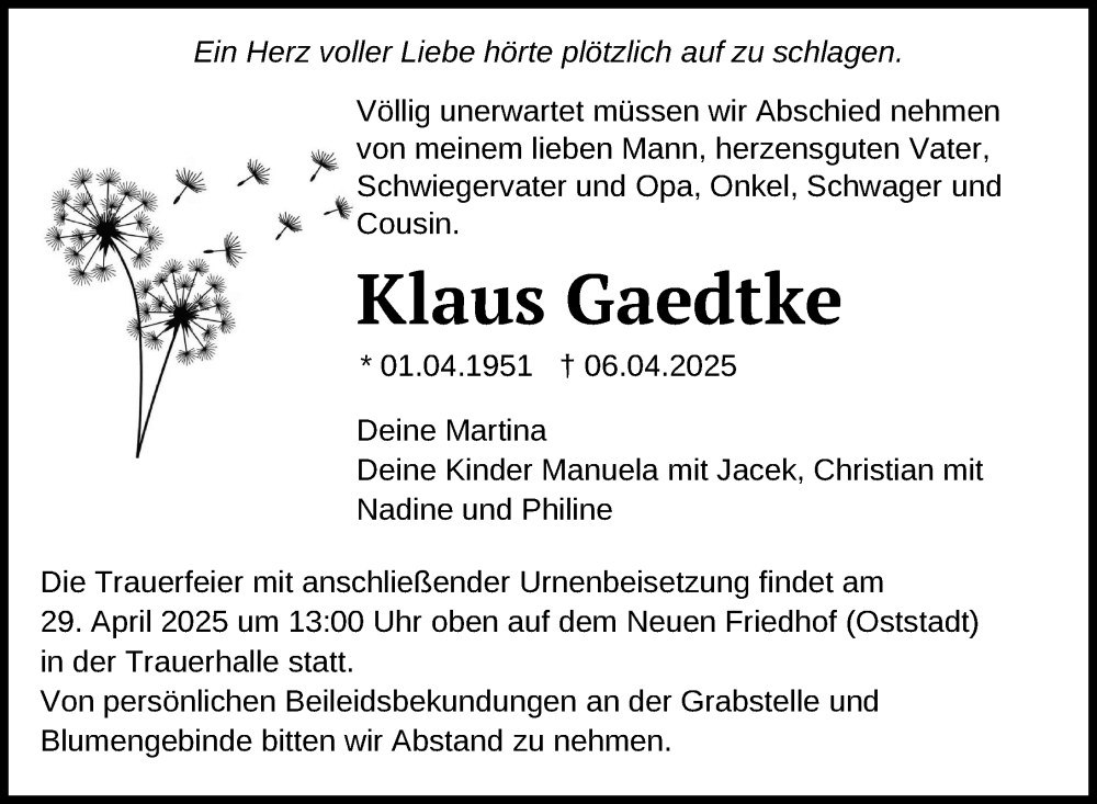  Traueranzeige für Klaus Gaedtke vom 12.04.2025 aus Nordkurier Neubrandenburger Zeitung